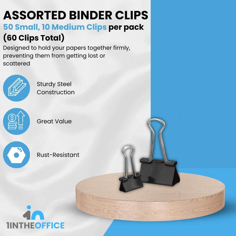 1InTheOffice Binder Clips Assorted Sizes, Assorted Binder Clips, Binder Paper Clips, Small and Medium Sizes, Black, 60 Pack - Image 2